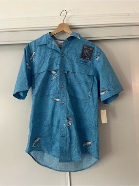 Izod Blue Short-Sleeve Fishing Button-Down Shirt with Fish Print